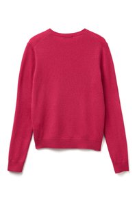 Maglione rosso con scollo tondo e maniche lunghe raglan, realizzato in morbido tessuto a maglia. Presenta un orlo e polsini a coste.