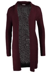Cardigan long bordeaux à ouverture devant avec motif en maille texturée et poignets et bords côtelés, présenté sur un fond uni.