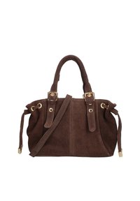 Sac à main en daim marron avec double poignée, bandoulière réglable, quincaillerie couleur or et détails à cordon sur les côtés pour une forme structurée.