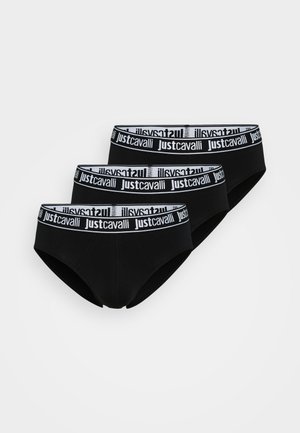 Drie zwarte slips met een witte tailleband waarop "justcavalli" in afwisselende richtingen is gedrukt. Gladde stof met een aansluitend ontwerp.