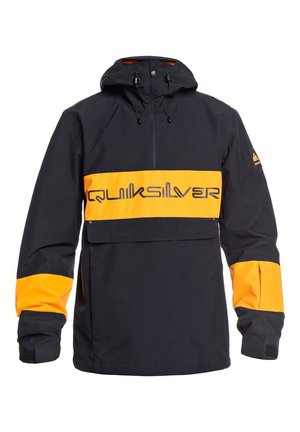 Giacca con cappuccio Quiksilver nera e gialla con mezza cerniera, pattina sulla tasca frontale e bande gialle sulle maniche e sulla striscia del logo sul petto.