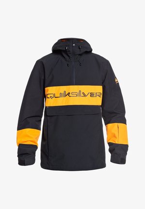 Chaqueta con capucha Quiksilver negra y amarilla con media cremallera, solapa en el bolsillo delantero y bandas amarillas en las mangas y en la franja del logo del pecho.