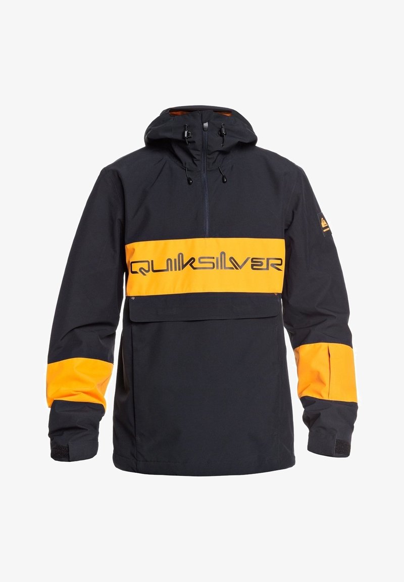Veste à capuche Quiksilver noire et jaune avec demi-fermeture éclair, rabat de poche avant et bandes jaunes sur les manches et la bande du logo sur la poitrine.