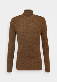 Pull à col roulé en tricot côtelé marron avec manches longues et silhouette ajustée sur fond blanc uni.