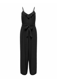 Zwarte jumpsuit met een gerimpelde halslijn, dunne bandjes, een strakke taille met een strikceintuur en wijde pijpen voor een relaxed fit.