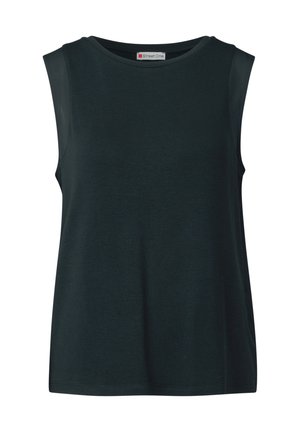 Black sleeveless top made of soft fabric, featuring a rounded neckline and a relaxed fit. No visible patterns or embellishments.
