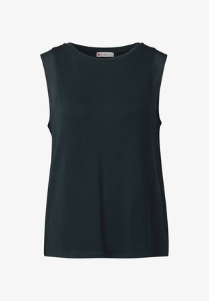 Schwarzes ärmelloses Oberteil aus weichem Stoff, mit einem abgerundeten Ausschnitt und lockerer Passform. Keine sichtbaren Muster oder Verzierungen.