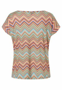 Top de patrón de chevron multicolor con un suave drapeado. Presenta mangas cortas, cuello redondo y un ajuste relajado en tonos de rosa, azul y verde.