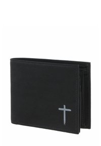 Black bifold wallet with a small gray cross symbol on the front lower right corner, made of smooth material.