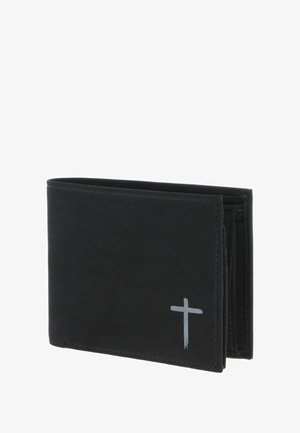 Black bifold wallet with a small gray cross symbol on the front lower right corner, made of smooth material.