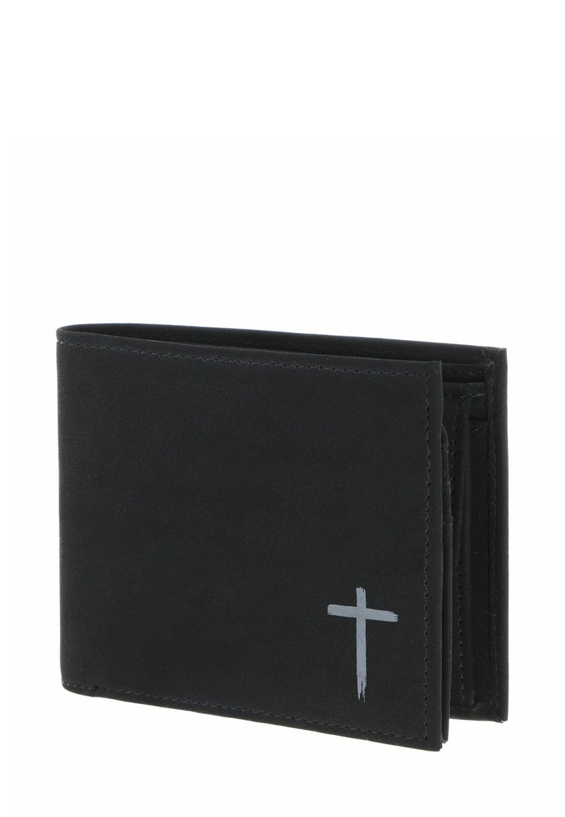 Black bifold wallet with a small gray cross symbol on the front lower right corner, made of smooth material.