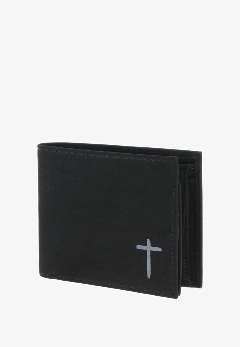 Black bifold wallet with a small gray cross symbol on the front lower right corner, made of smooth material.