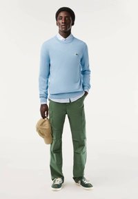 Maglione azzurro chiaro a maglia, camicia bianca con colletto sotto, pantaloni cargo verdi, tiene un berretto beige e indossa sneakers verdi con suola bianca.