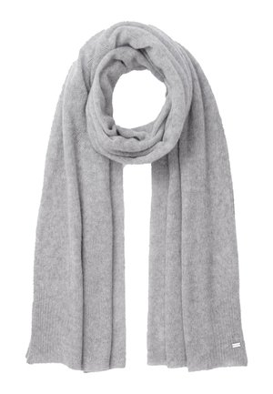 Light gray knitted wool scarf loosely looped with long ends, soft texture, small rectangular white label on lower edge.