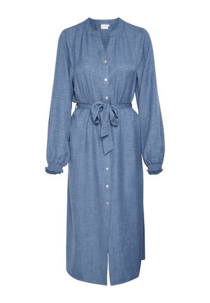 Denimová košilová šaty s knoflíkovým zapínáním, dlouhými nafouklými rukávy, staženým pasem na šňůrku a sukní ke kolenům s předním rozparkem.