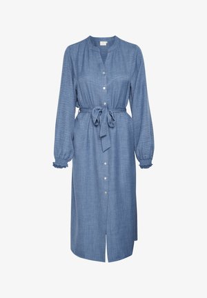Denim shirt dress with button closure, long puff sleeves, cinched waist tie, and a knee-length skirt featuring a front slit.