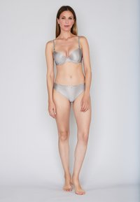 Silver bikini set made of smooth material; includes a soft-cup bra with adjustable straps and matching low-rise briefs with a slight sheen.
