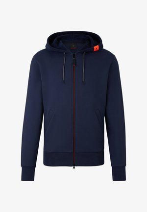 Marineblauer Reißverschluss-Hoodie mit Zugband, kontrastierendem orangenem Reißverschluss-Akzent und zwei seitlichen Taschen. Hergestellt aus weichem, strukturiertem Stoff.