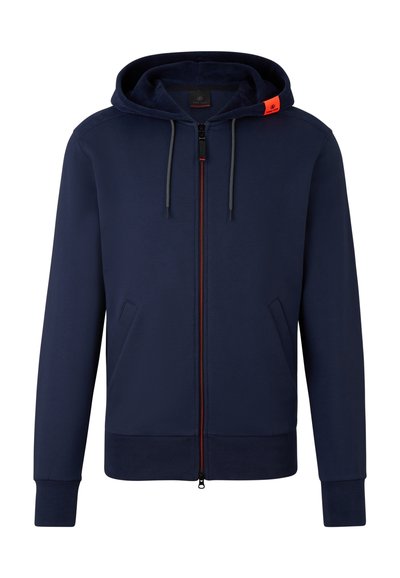 Navy zip-up hoodie with drawstrings, contrasting orange zipper accent, and two side pockets. Made from soft, textured fabric.