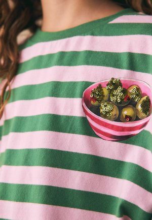 Green and pink striped shirt with a sequined bowl of green olives design near the chest.