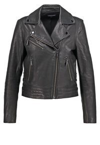 Black leather motorcycle jacket with a slightly cropped design, asymmetric zippers, and zipped pockets. Features snap collar and side accents.