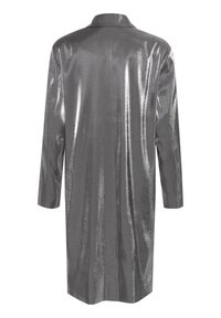 Silver metallic long coat with a straight cut, notched collar, and long sleeves. Smooth texture with a reflective finish and no visible hardware.