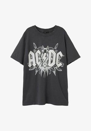 Szara bawełniana koszulka z krótkim rękawem wyróżniająca się dużą grafiką AC/DC w kolorze białym, z błyskawicą i skomplikowanymi detalami w projekcie. Luźny fason.