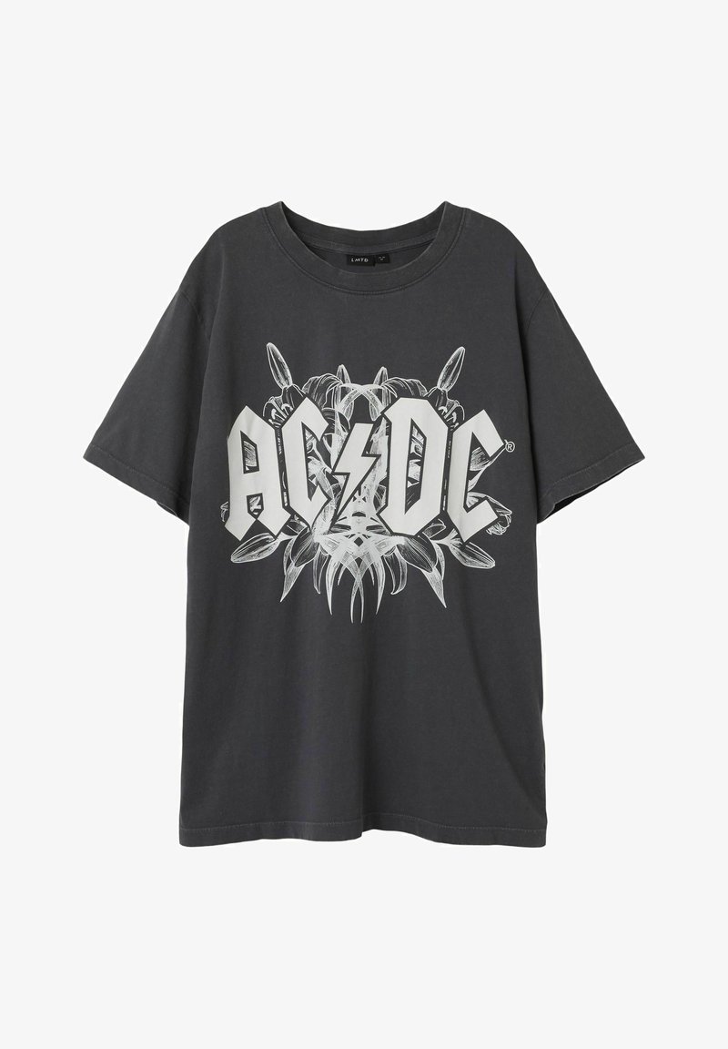Grijze katoenen T-shirt met een grote AC/DC-grafiek in het wit, met een bliksemschicht en ingewikkelde details in het ontwerp. Korte mouwen, relaxte pasvorm.