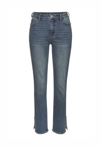 Augstās vidukļa zila denim bikses ar taisnu kāju, ar dekoriem sānu griezumos un metāliskiem akcentiem apakšmalā.