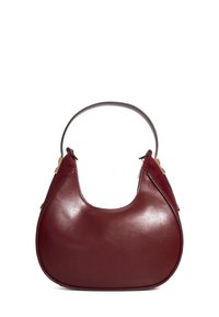 Burgundy leather hobo bag with a smooth finish, half-moon shape, structured silhouette, and a complementary strap with metallic accents.