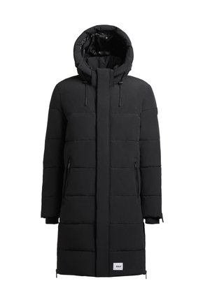 Mustapuffatakki hupulla, jossa on suora leikkaus, tikkikuvio, vetoketjulliset sivutaskut ja logo-ompelu helman kohdalla. Sileä pinta.