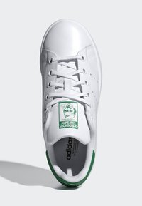 Hvit lær sneakers med grønne akenter, rund tå, snøring foran, og en grafisk etikett på tungen med et portrett og tekst.