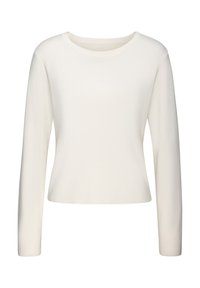 Weißer Langarmstrickpullover mit Rundhalsausschnitt, taillierter Passform und glatter Textur, mit gerippten Bündchen und Saum.