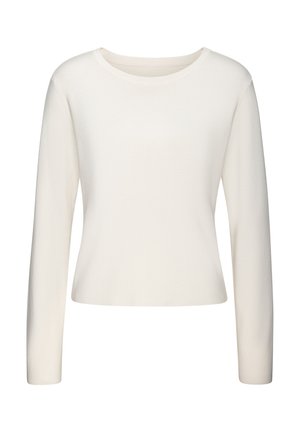 Weißer Langarmstrickpullover mit Rundhalsausschnitt, taillierter Passform und glatter Textur, mit gerippten Bündchen und Saum.