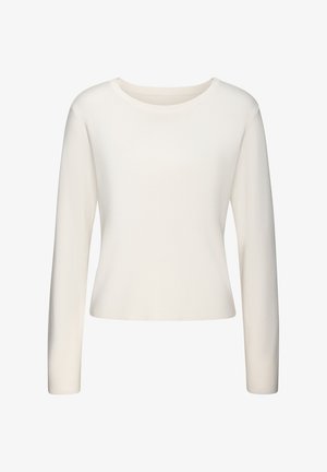 Weißer Langarmstrickpullover mit Rundhalsausschnitt, taillierter Passform und glatter Textur, mit gerippten Bündchen und Saum.