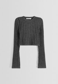Dark gray ribbed knit long-sleeve cropped sweater with round neckline, displayed against a plain light background.