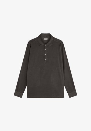 Chemise à manches longues gris foncé avec col, patte de boutonnage à cinq boutons et deux grandes poches avant. Fabriquée en tissu doux et texturé.