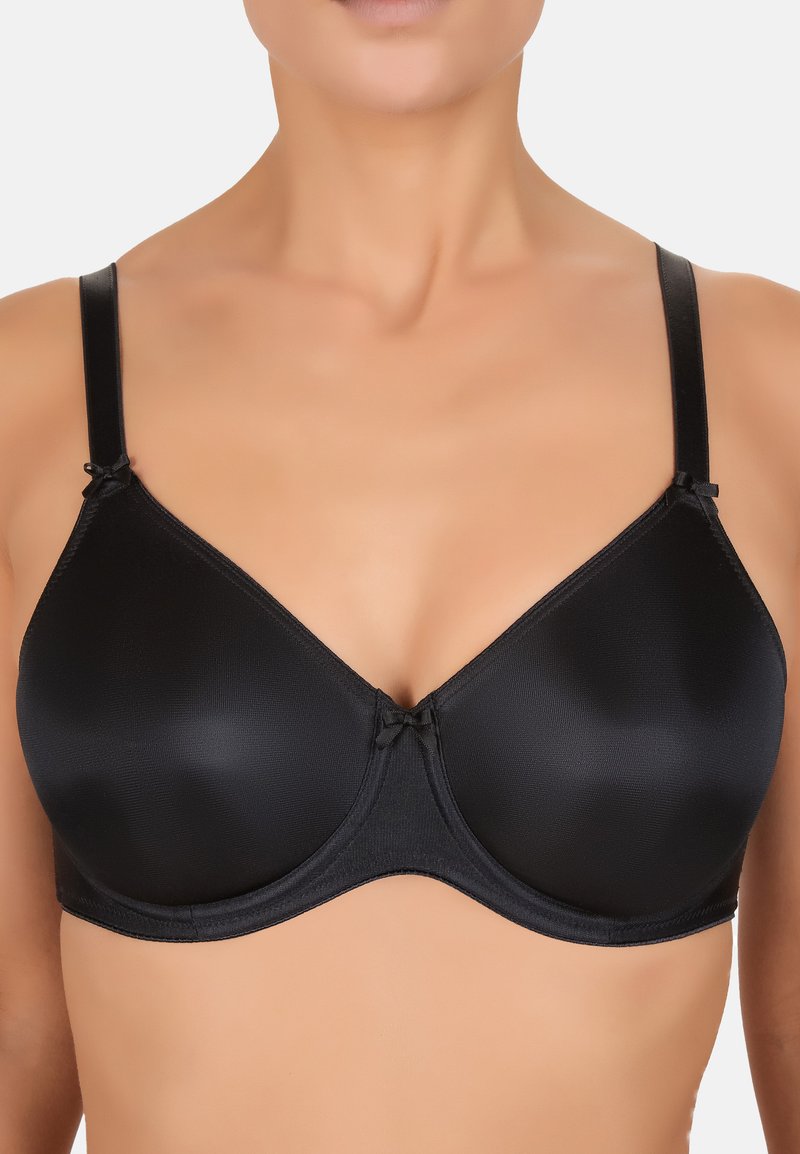 Reggiseno nero con finitura liscia e opaca, supporto con ferretto, spalline regolabili e un piccolo fiocco al centro.