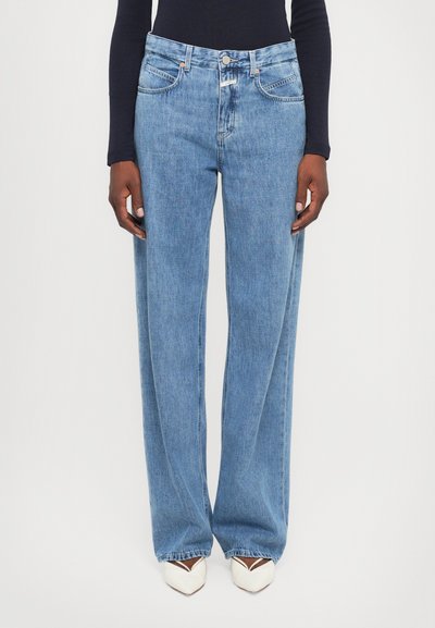 Light blue wide-leg denim jeans with a high waist, featuring front pockets, a button closure, and subtle stitching details.