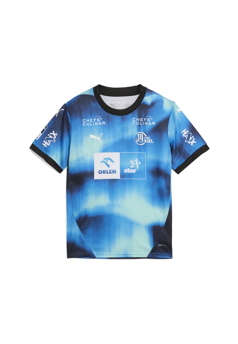 Kortärmad tröja med en gradient design i blått och teal, svart kant och flera loggor, inklusive Puma och sponsorer på framsidan.