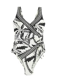 Schwarz-weißes Einteiler-Badeanzug mit tropischem Blattmuster, Wickeldesign mit plissiertem Vorderteil, verstellbaren Seitenbändern und dekorativer Besatz.