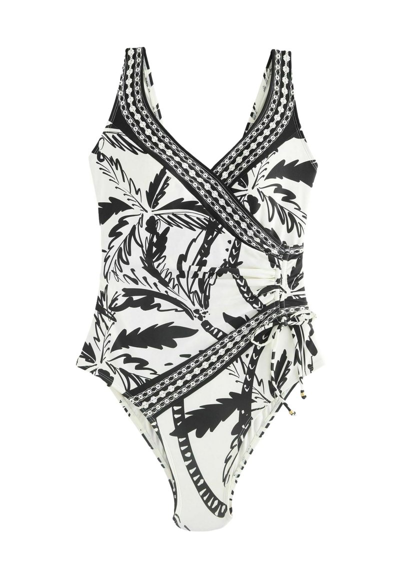 Schwarz-weißes Einteiler-Badeanzug mit tropischem Blattmuster, Wickeldesign mit plissiertem Vorderteil, verstellbaren Seitenbändern und dekorativer Besatz.