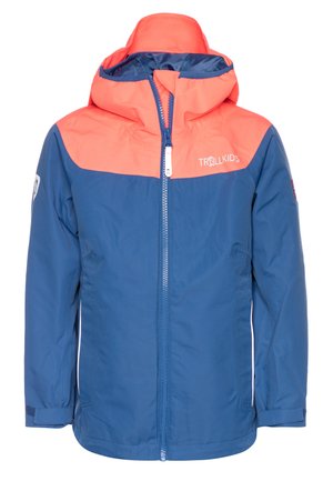 Blue and coral TROLLKIDS jacket featuring a zip closure, high collar, and long sleeves with adjustable cuffs. Made from waterproof material.