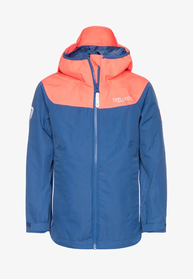 Zils un korallkrāsas TROLLKIDS jakas modelis ar rāvējslēdzēju, augstu apkakli un garām piedurknēm ar regulējamiem aproču galiem. Izgatavota no ūdensnecaurlaidīga materiāla.