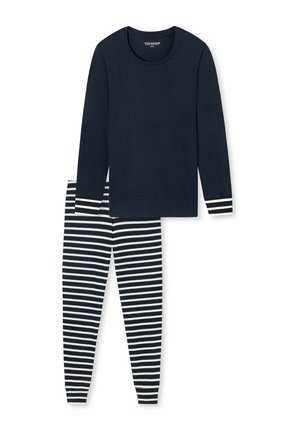 T-shirt a maniche lunghe navy con polsini crema abbinato a leggings a righe navy e bianche. Tessuto in cotone morbido con una vestibilità comoda.