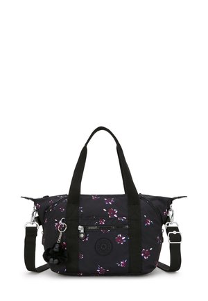 Borsa in tessuto nero con motivo floreale in viola e bianco, manici doppi, tasche con zip e tracolla regolabile e removibile. Accentuata da un ciondolo a forma di scimmia.