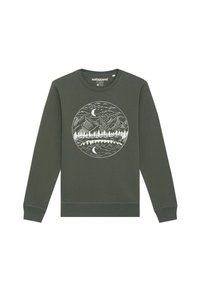 Olijfgroen sweatshirt met een ronde witte grafiek die bergen, bomen en manen afbeeldt. Heeft een ronde hals en ribgebreide manchetten.