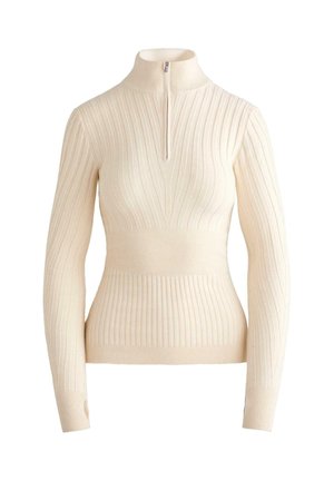 Maglione a coste color crema con zip a un quarto, design aderente, maniche lunghe e motivi a coste sottili e larghe contrastanti.