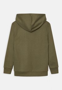 Olijfgroene hoodie met een zachte textuur, trekkoord capuchon en geribbelde manchetten en onderkant. Eenvoudig ontwerp zonder zichtbare patronen of accenten.