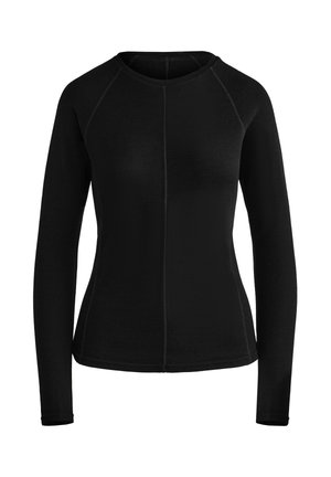 Haut noir à manches longues avec un col rond. Dispose de manches raglan et de coutures plates pour le confort. Fabriqué en tissu texturé.